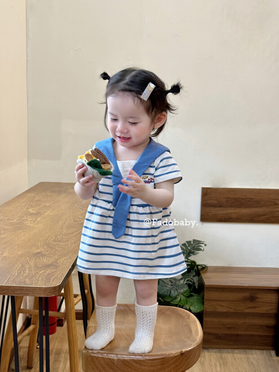 FADOBABY Girls' Navy Collar Striped Short Sleeve Summer Dress Newborn Toddler Cotton Princess Dress Summer 10